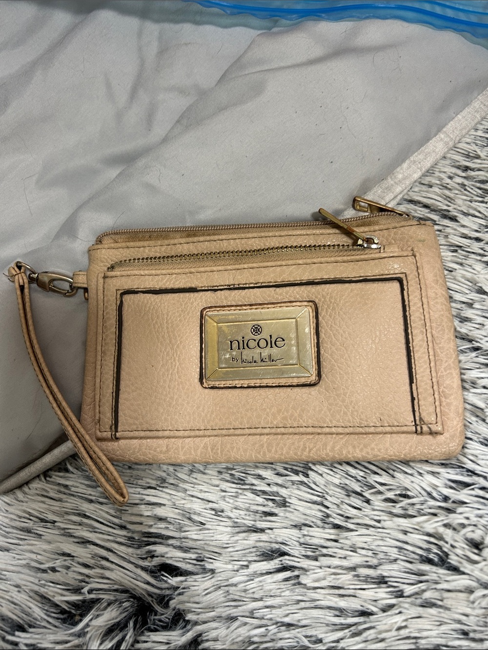 Nicole by Nicole Miller Nude/Beige Wristlet Clutch with Gold Plaque